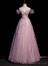 Purple Tulle Off the Shoulder Beading Flower Prom Dress